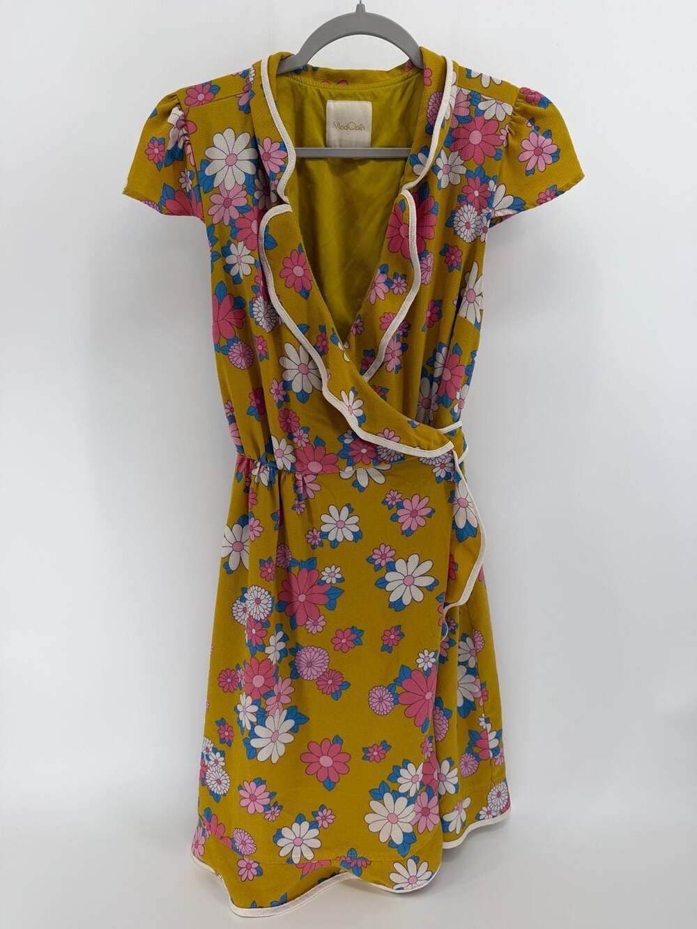ModCloth Mustard Floral Wrap Dress M Retro Boho Fairy Fall 70s
